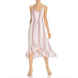 Rails Frida Hi-Low Striped Midi Dress Size Medium Linen Blend White Pink Gold